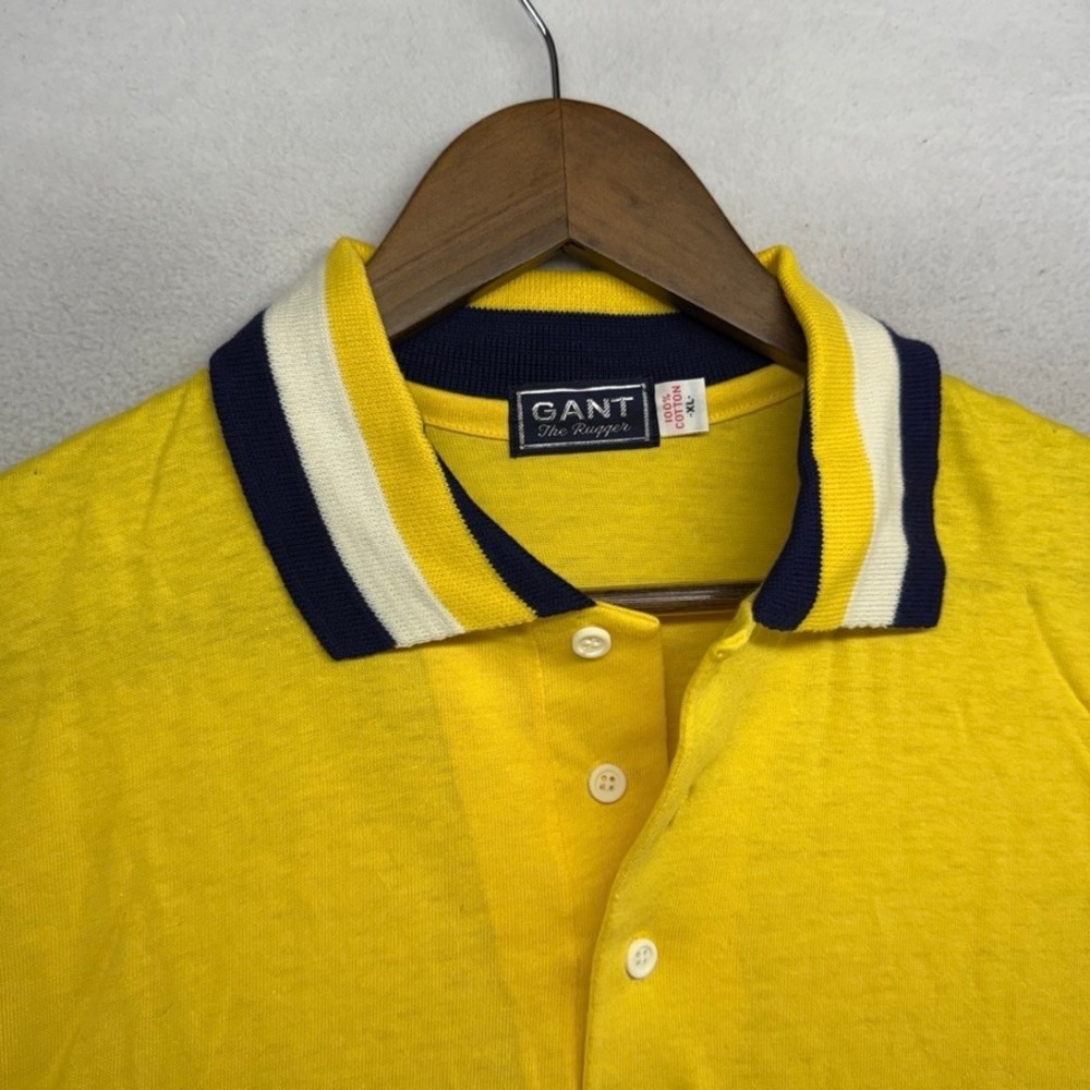 Vintage Gant Polo Shirt Mens XL Yellow Blue Rugger Knit Deadstock 70s ivy Preppy - Picture 3 of 7